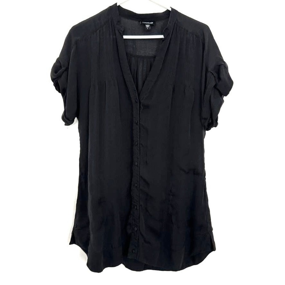 Bebe Sheer Button Down Top Womens Large Black Flowy Layer Pleated Blouse